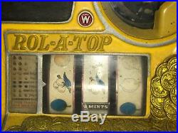 1930s Walting Roll-A-Top 5 CENT Slot Machine With Original Oak Cabinet Stand