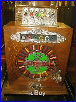 5 Cent WATLING JEFFERSON ONE WHEEL SLOT MACHINE OAK & CAST IRON RARE EARLY