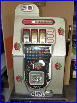 ANTIQUE 1946 MILLS 25 CENT BLACK CHERRY SLOT MACHINE with STAND WORKS GREAT