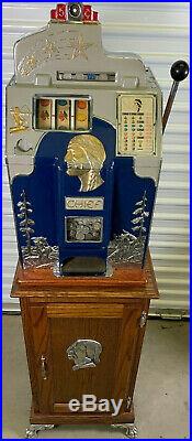 ANTIQUE JENNINGS 5 CENT 4 STAR INDIAN CHIEF SLOT MACHINE with CUSTOM STAND