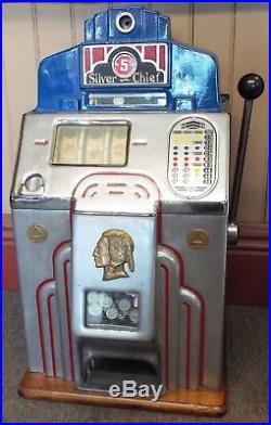 Antique 1930s JENNINGS SILVER CHIEF 5c Cent 3 Reel Manual SLOT MACHINE -WORKS