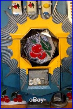 Antique 1937 Blue Front Bursting Cherry Mills Slot Machine, All Original