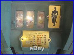 Antique Slot Machine Three Slots, Wood and Green Metal Exterior