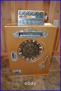 Antique Watling Brownie Nickel Coin 5 Cent Slot Machine Wood Case Roulette Wheel