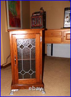 Dark Oak Slot Machine Stand Leaded Glass Aluminum Claw Feet