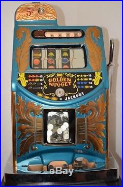 Golden Nugget Slot Machine Blue Bell 5 cent Brass Castings 1960's Very Clean