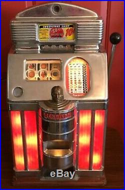 Jennings Sweepstake Chief Las Vegas Casino Dime Slot Machine Red / Lighted