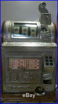 MILLS 5 CENT GOOSENECK 1920's COIN OP SLOT MACHINE WJACKPOT CAST IRON TOP