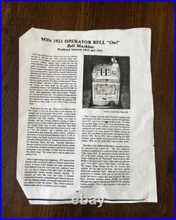 Mills 1923 OPERATOR BELL Owl Bell Slot Machine Vintage Restored Retro