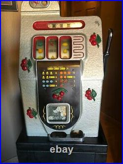 Mills 5 Cent Black Cherry Antique Slot Machine & Black Metal Stand Pickup Only