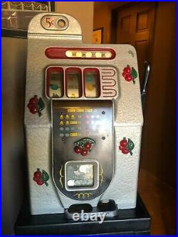 Mills 5 Cent Black Cherry Antique Slot Machine With Black Metal Stand Used
