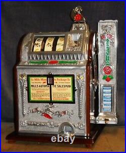 Mills 5c AUTOMATIC SALESMAN antique slot machine with SIDE VENDER, 1924 NEW PRICE