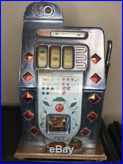 Mills Diamond Front 5 Cent Chrome Faced Antique Slot Machine With Jackpot