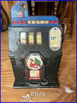 Mills Novelty 5 Cent (5¢) Cherry Antique Slot Machine With Leaded Glass Stand