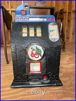 Mills Novelty 5 Cent (5¢) Cherry Antique Slot Machine With Leaded Glass Stand