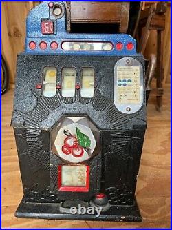 Mills Novelty 5 Cent (5¢) Cherry Antique Slot Machine With Leaded Glass Stand