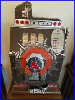 Mills Novelty Company 25-Cent Brown Front Slot Machine and Ornate Stand