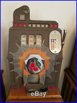 Mills Novelty Company 5-Cent Brown Front Slot Machine and Ornate Stand