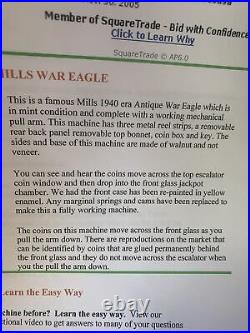Mills Slot Machine War Eagle in excellent condition