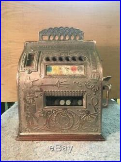 Original Antique 5c Mills Check Boy Coin-Op Slot Machine/Trade Stimulator