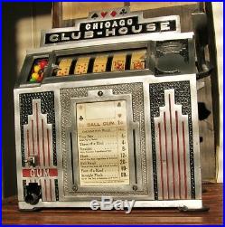 Rare Antique 1934 Daval Chicago Club-house 5-reel Poker Slot Machine + Gumball