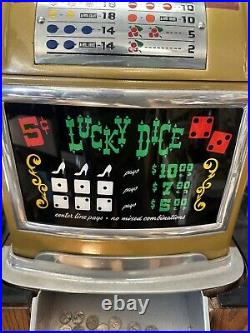 Rare Vintage Mill's Lucky Dice 5 cent Slot Machine withkey From Silver Slipper