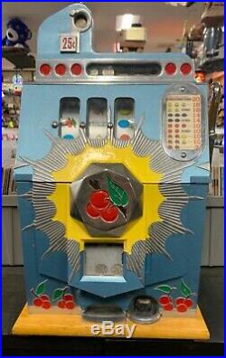 VTG Mills 25 cents Bursting Cherry Antique Slot Machine 1930s w KEYS, WORKS