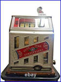 Vintage BLUE SEAL CONFECTIONS 5 Cent Candy Casino Slot Machine with Base Stand