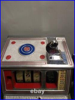 Vintage BLUE SEAL CONFECTIONS 5 Cent Candy Casino Slot Machine with Base Stand