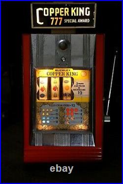 Vintage Buckley Slot Machine Copper King 777 with Key and Coins Works Lighted