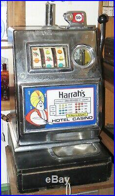 Vintage HARRAH'S HOTEL CASINO 50 Cent 3 Reel Mechanical SLOT MACHINE -WORKS