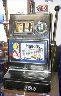 Vintage HARRAH'S HOTEL CASINO 50 Cent 3 Reel Mechanical SLOT MACHINE -WORKS