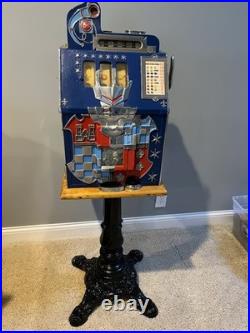 Vintage Mills Castle front Nickel Slot Machine and Stand
