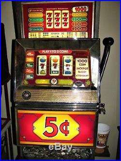 Vtg Bally E-873 Series E 5¢ 5-Line Fruit Slot Machine Golden Nugget Stand Manual